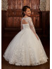 Long Sleeves Ivory Sequined Lace Tulle Keyhole Back Flower Girl Dress